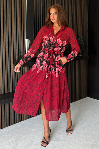 Everly Rotes Hemdblusenkleid mit Blumenmuster